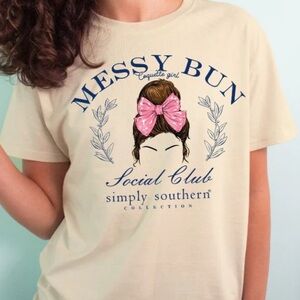Simply Southern Cream "Messy Bun Social Club" Short Sleeve Tee with Pink Bow